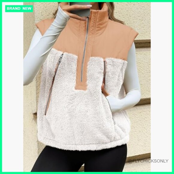 Cropped Fleece Sherpa Vest with Half Zipper and Pockets - Picture 4 of 7